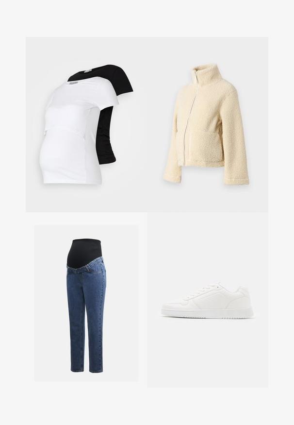 Krēms krāsas vilnas jaka ar augstu apkakli, priekšējo rāvējslēdzēju un divām kabatām. Tai ir mīksta, tekstūra virsma un plašas piedurknes.; Melnas un baltas grūtniecības T-krekli, īsām piedurknēm, no mīkstas kokvilnas, ar slāņu dizainu, kas ietver savilkta sadaļu augošam vēderam.; Māmiņu džinsi ar zilu denima kājām un melnu elastīgu vēdera paneli, kas izstrādāts, lai atbalstītu un nosegtu augošu vēderu.; Balti sporta apavi, izgatavoti no gludas sintētiskās materiāla, ar apaļu purngali, auklu slēgšanu, plakanu zoli un smalkiem perforētiem detalizējumiem.