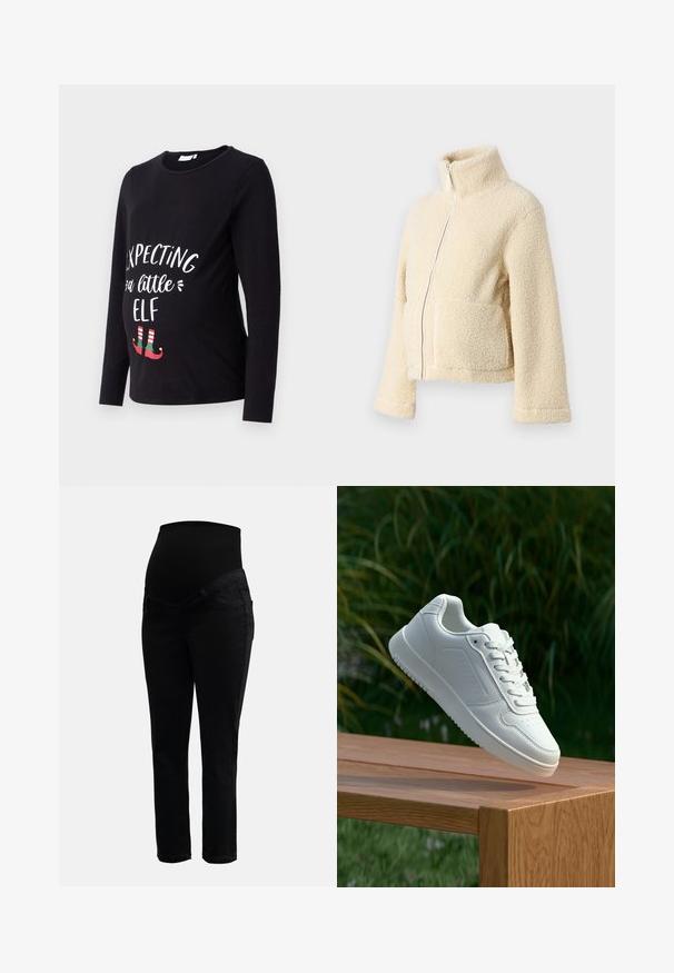 Kremowa polarowa kurtka z wysokim kołnierzem, zamek błyskawiczny z przodu i dwiema kieszeniami naszytymi. Posiada miękką, teksturowaną powierzchnię i szerokie rękawy.; Czarna koszulka ciążowa z długim rękawem, z białym napisem "Oczekując małego elfa", z zielonymi i czerwonymi butami elfów na dole. Wykonana z miękkiego bawełnianego materiału.; Czarne dżinsy ciążowe z elastycznym, wysokim pasem i dopasowanymi nogawkami, zaprojektowane z myślą o komforcie i wsparciu w czasie ciąży.; Biały sneaker z gładką syntetyczną cholewą, perforowanym noskiem, płaskimi sznurowadłami i teksturowaną podeszwą, wyeksponowany na drewnianej powierzchni.