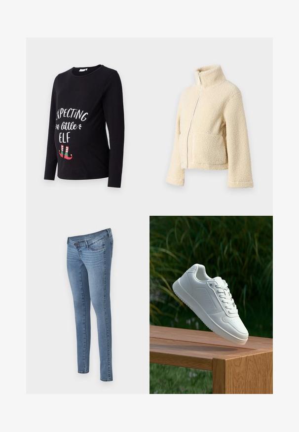 Kremo spalvos pūkinė striukė su aukštu apykakle, priekyje užtrauktuku ir dviem kišenėmis. Yra minkštas, tekstūruotas paviršius ir plačios rankovės.; Juodas ilgomis rankovėmis nėštumo marškiniai su baltais žodžiais "Laukiu mažo elfuko" ir žaliais bei raudonais elfų batais apačioje. Minkšta medvilnės medžiaga.; MAMALICIOUS MLAUKIE - Aptempti džinsai - medium blue denim; Balti sneakeriai su lygia sintetine viršutine dalimi, perforuota pirštų zona, plokščiomis raištelėmis ir tekstūruotu padu, padėti ant medinės paviršiaus.