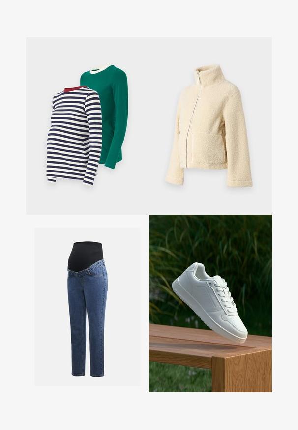 Jaqueta de fleece creme com gola alta, fecho frontal e dois bolsos de patch. Apresenta uma superfície suave e texturada e mangas largas.; Duas camisas de manga longa: uma verde de cor sólida e uma listrada em azul marinho e branco com decote vermelho. Ambas feitas de tecido macio.; Jeans de maternidade com pernas em denim azul e um painel abdominal preto elástico projetado para suportar e cobrir uma barriga em crescimento.; Sapatilha branca com um cabedal sintético liso, caixa dos dedos perfurada, atacadores planos e uma sola texturizada, exposta sobre uma superfície de madeira.