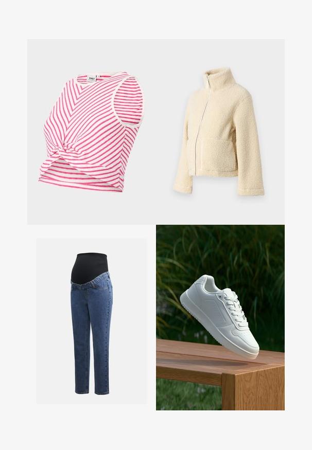 Cremefarbene Fleecejacke mit hohem Kragen, frontalem Reißverschluss und zwei aufgesetzten Taschen. Sie zeichnet sich durch eine weiche, strukturierte Oberfläche und weite Ärmel aus.; Gestreiftes Crop-Top in Rosa und Weiß. Verfügt über einen runden Halsausschnitt, ärmelloses Design und ein Knotendetail an dem Saum.; Schwangerschaftsjeans mit blauen Denimbeinen und einem schwarzen elastischen Bauchpanel, das dazu entworfen wurde, den wachsenden Bauch zu stützen und zu bedecken.; Weiße Sneaker mit einem glatten, synthetischen Obermaterial, perforierter Zehenbox, flachen Schnürsenkeln und einer strukturierten Sohle, präsentiert auf einer Holzoberfläche.