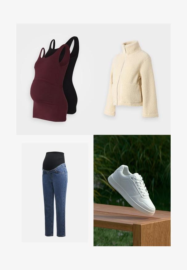 Krēms krāsas vilnas jaka ar augstu apkakli, priekšējo rāvējslēdzēju un divām kabatām. Tai ir mīksta, tekstūra virsma un plašas piedurknes.; Divi grūtniecības topi: viens burgundijas krāsā un otrs melnā. Abiem ir platās lences, pieguļošs dizains un mīksts kokvilnas materiāls.; Māmiņu džinsi ar zilu denima kājām un melnu elastīgu vēdera paneli, kas izstrādāts, lai atbalstītu un nosegtu augošu vēderu.; Baltie sporta apavi ar gludu sintētisku augšpusi, perforētu pirkstu daļu, plakani šņorēm un rakstainu zoli, novietoti uz koka virsmas.