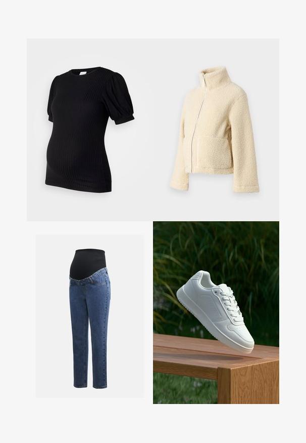 Krēms krāsas vilnas jaka ar augstu apkakli, priekšējo rāvējslēdzēju un divām kabatām. Tai ir mīksta, tekstūra virsma un plašas piedurknes.; Melnas ribotas grūtniecības blūze ar īsām puff piedurknēm, apaļu izgriezumu un pieguļošu siluetu, kas izstrādāts komfortam grūtniecības laikā.; Māmiņu džinsi ar zilu denima kājām un melnu elastīgu vēdera paneli, kas izstrādāts, lai atbalstītu un nosegtu augošu vēderu.; Baltie sporta apavi ar gludu sintētisku augšpusi, perforētu pirkstu daļu, plakani šņorēm un rakstainu zoli, novietoti uz koka virsmas.