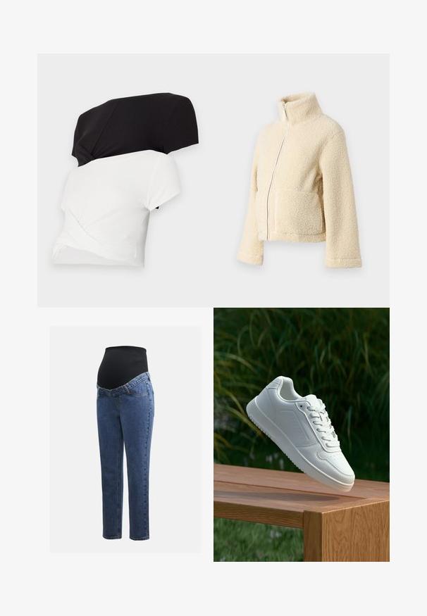 Krémová fleecová bunda s vysokým límcem, předním zipem a dvěma našitými kapsami. Vyznačuje se měkkým, texturovaným povrchem a širokými rukávy.; Dvě trička s krátkým rukávem, jedno černé a jedno bílé, s designem zkrouceného předního dílu. Vyrobeno z žebrované látky s hladkým povrchem.; Těhotenské džíny s modrými denimovými nohavicemi a černým elastickým břišním panelem navrženým tak, aby podporoval a zakrýval rostoucí bříško.; Bílé tenisky s hladkým syntetickým svrškem, perforovanou špičkou, plochými tkaničkami a texturovanou podrážkou, vystavené na dřevěném povrchu.