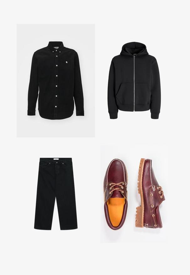 Felpa nera con zip in misto cotone, dotata di cappuccio con lacci, tasche frontali e polsini a coste. Texture liscia con zip argentata.; Camicia di velluto a coste nera con colletto button-down. Presenta bottoni bianchi e un piccolo logo sul petto. Maniche lunghe con polsini con bottone.; T-shirt nero a maniche corte con scollatura rotonda, realizzato in un tessuto morbido ed elastico. La vestibilità è slim, progettata per aderire al corpo.; Jeans neri a gamba larga in tessuto denim, con chiusura frontale a bottone, passanti per cintura e tasche. Texture liscia, design minimalista.; Scarpe in pelle bordeaux con suole in gomma marrone, punta rotonda, cuciture bianche e occhielli dorati. L'interno presenta un rivestimento giallo.