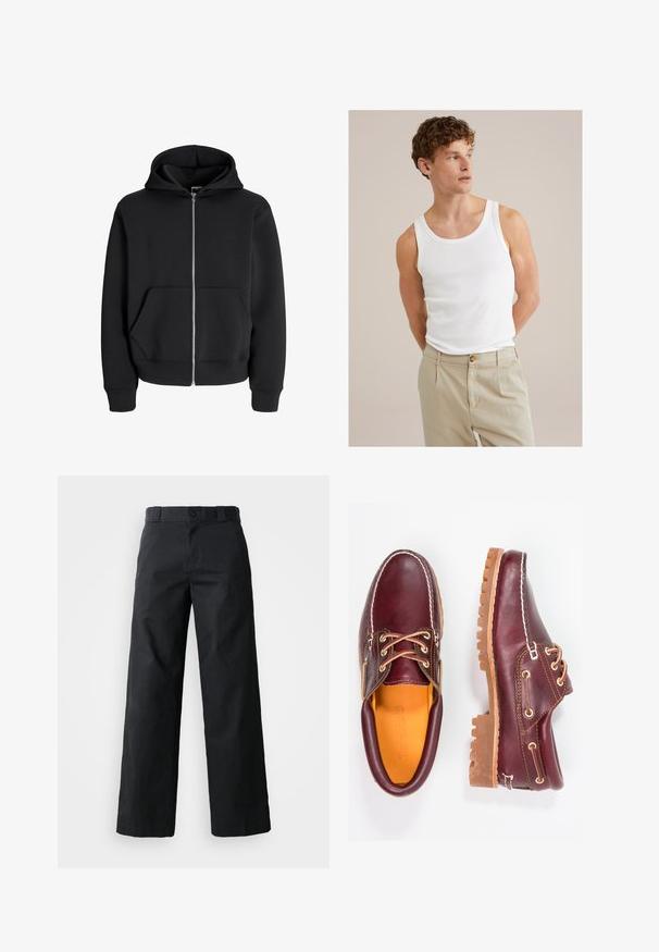 Melnā kokvilnas maisījuma kapuce ar rāvējslēdzēju, piedāvā aukliņu apvalkā, priekšējām kabatām un ribotām aprocēm. Gluda tekstūra ar sudraba rāvējslēdzēju.; Balta kokvilnas bezšuvju blūze ar apaļu kakla izgriezumu un platajām siksnām, kombinēta ar gaismas beidzlaika biksēm ar pogu un krokām.; Melni platajās bikses, izgatavotas no kokvilnas. Tiem ir pogu aizdare, jostas cilpas un sānu kabatas. Gluda tekstūra ar pielāgotu griezumu.; Burgundijas krāsas ādas apavi ar brūniem gumijas zole, apaļiem purngalu, baltu šuvumu un zelta caurumiem. Iekšpusei ir dzeltena oderējums.