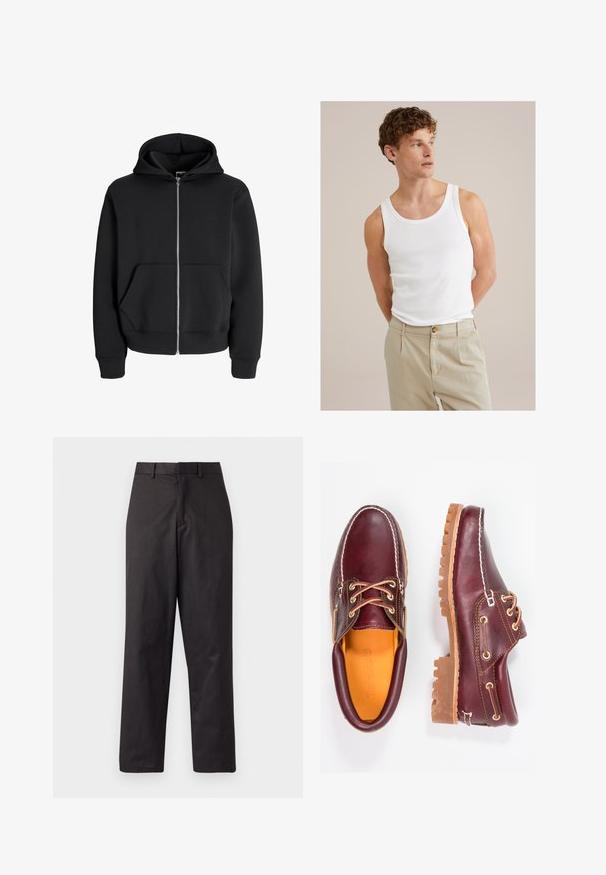 Haut à capuche zippé noir en mélange de coton, doté d'une capuche avec cordon de serrage, de poches avant et de poignets côtelés. Texture lisse avec zip argenté.; Débardeur en coton blanc avec un décolleté rond et de larges bretelles, associé à un pantalon beige clair avec un bouton et des plis.; Pantalons noirs en tissu mélangé de coton, présentant une coupe droite, des poches avant et une taille standard avec passants de ceinture.; Chaussures en cuir bourgogne avec semelles en caoutchouc marron, bout rond, couture blanche et œillets dorés. L'intérieur présente une doublure jaune.