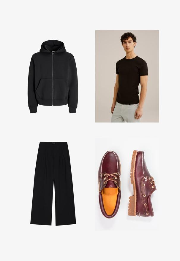 Felpa nera con zip in misto cotone, dotata di cappuccio con lacci, tasche frontali e polsini a coste. Texture liscia con zip argentata.; T-shirt nero a maniche corte con scollatura rotonda, realizzato in un tessuto morbido ed elastico. La vestibilità è slim, progettata per aderire al corpo.; YOURTURN UNISEX - Pantaloni - black; Scarpe in pelle bordeaux con suole in gomma marrone, punta rotonda, cuciture bianche e occhielli dorati. L'interno presenta un rivestimento giallo.