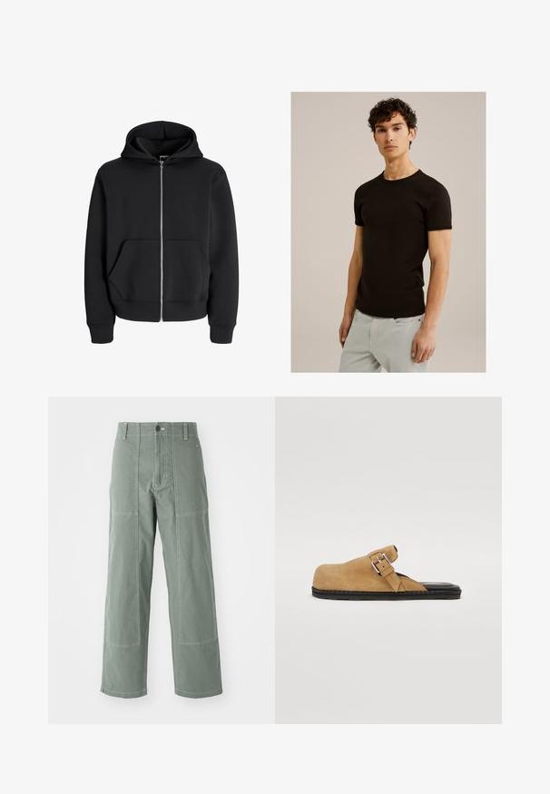 Svart zip-up hoodie i bomullsblandning, med dragsnodd i huvan, framfickor och ribbade ärmmuddar. Slät textur med silverfärgad dragkedja.; Svart t-shirt med kort ärm och rund halsringning, tillverkad av ett slätt, elastiskt tyg. Passformen är slim, designad för att sitta nära kroppen.; Gröna cargo-byxor med avslappnad passform, som har lapplådor, kontrasterande sömmar, knappstängning framtill och rak ben-design.; Mörkbrun mockaskor i slip-on stil med en platt svart sula, utrustade med en spänne för justering och en slät inre foder.