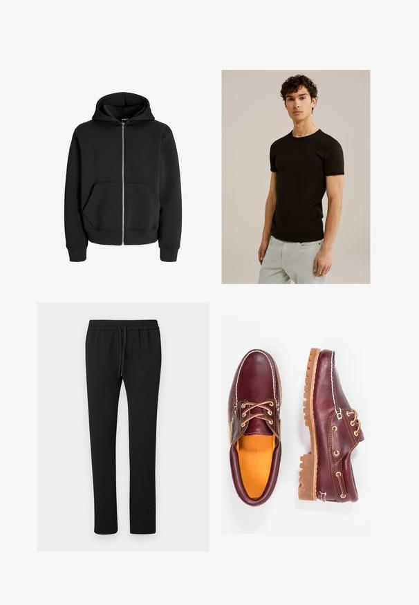 Melnā kokvilnas maisījuma kapuce ar rāvējslēdzēju, piedāvā aukliņu apvalkā, priekšējām kabatām un ribotām aprocēm. Gluda tekstūra ar sudraba rāvējslēdzēju.; Melnā īsām piedurknēm T-krekls ar apaļu kakla izgriezumu, izgatavots no gludas, elastīgas auduma. Piegriezums ir sašaurināts, paredzēts, lai cieši pieguļ ķermenim.; Melnas treniņbikses ar elastīgu jostasvietu un auklu. Izgatavotas no mīksta auduma, ar sašaurinātu kāju dizainu un minimālistiskām detaļām.; Burgundijas krāsas ādas apavi ar brūniem gumijas zole, apaļiem purngalu, baltu šuvumu un zelta caurumiem. Iekšpusei ir dzeltena oderējums.