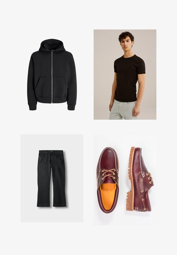 Musta lukuga kapuutsiga sviiter, valmistatud puuvilla segust, omab nööriga kapuutsi, esipockets ja soonikkraega varrukaid. Sile tekstuur ja hõbedane tõmblukk.; Must have lühikeste varrukatega must t-särk ümmarguse kaelusega, valmistatud sujuvast ja venivast kangast. Sobivus on kitsas, mõeldud keha lähedale istuma.; Mustadest denimist valmistatud sirgete säärtega teksad, millel on kulunud äär, viis taskut ja metallist detailid. Klassikaline disain ja tugev tekstuur.; Burgundia nahkkingad pruunide kummitaldadega, ümmarguse varbaga, valge tikandi ja kuldsete silmadega. Siseosa on kollase voodriga.