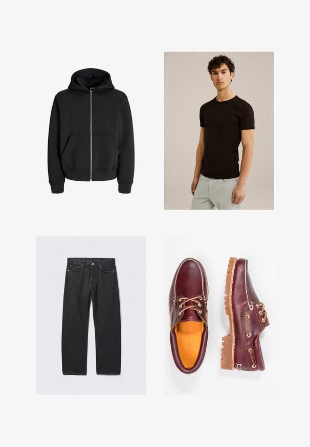 Sudadera con cremallera negra hecha de una mezcla de algodón, que cuenta con capucha ajustable, bolsillos delanteros y puños de canalé. Textura suave con cremallera plateada.; Camiseta negra de manga corta con escote redondo, hecha de una tela suave y elástica. El corte es ajustado, diseñado para ceñirse al cuerpo.; Jeans de mezclilla negra con un corte recto, que cuentan con una bragueta de botones, cinco bolsillos y acentos de hardware en tono cobre. Textura suave.; Zapatos de cuero burdeos con suelas de goma marrón, puntera redonda, costuras blancas y ojales dorados. El interior cuenta con un forro amarillo.