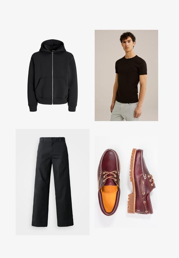 Černá mikina s kapucí na zip vyrobená z bavlněné směsi, se šňůrkou v kapuci, předními kapsami a žebrovanými manžetami. Hladký povrch se stříbrným zipem.; Černé tričko s krátkým rukávem a kulatým výstřihem, vyrobené z hladké, elastické tkaniny. Střih je přiléhavý, navržený tak, aby byl blízko těla.; Černé široké kalhoty vyrobené z bavlny. Mají zapínání na knoflík, poutka na pásek a boční kapsy. Hladká textura s přizpůsobeným střihem.; Burgundské kožené boty s hnědými gumovými podrážkami, kulatou špičkou, bílým prošíváním a zlatými očky. Interiér obsahuje žlutou podšívku.