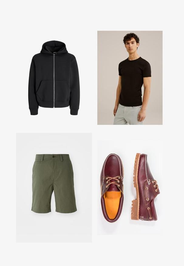 Crna zip-up majica s kapuljačom od mješavine pamuka, s vezicom na kapuljači, prednjim džepovima i rebrastim manžetama. Glatka tekstura s srebrnim patentnim zatvaračem.; Crna majica s kratkim rukavima s okruglim izrezom, izrađena od glatkog, rastezljivog materijala. Kroja je uskog fit-a, dizajnirana da se prilagođava tijelu.; Maslinasto zelene kratke hlače od laganog materijala, s ravnim prednjim dijelom, dva bočna džepa, jednim stražnjim džepom i kopčanjem na dugme.; Burgundske kožne cipele s smešnim gumenim potplatima, okruglim vrhom, bijelim šavovima i zlatnim rupama za vezivanje. Unutrašnjost ima žutu podstavu.