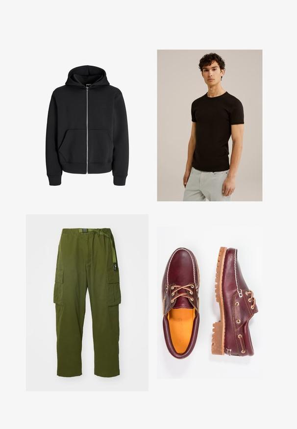 Musta lukuga kapuutsiga sviiter, valmistatud puuvilla segust, omab nööriga kapuutsi, esipockets ja soonikkraega varrukaid. Sile tekstuur ja hõbedane tõmblukk.; Must have lühikeste varrukatega must t-särk ümmarguse kaelusega, valmistatud sujuvast ja venivast kangast. Sobivus on kitsas, mõeldud keha lähedale istuma.; Manastash FLEX CLIMBER - Kargopüksid - oliv; Burgundia nahkkingad pruunide kummitaldadega, ümmarguse varbaga, valge tikandi ja kuldsete silmadega. Siseosa on kollase voodriga.