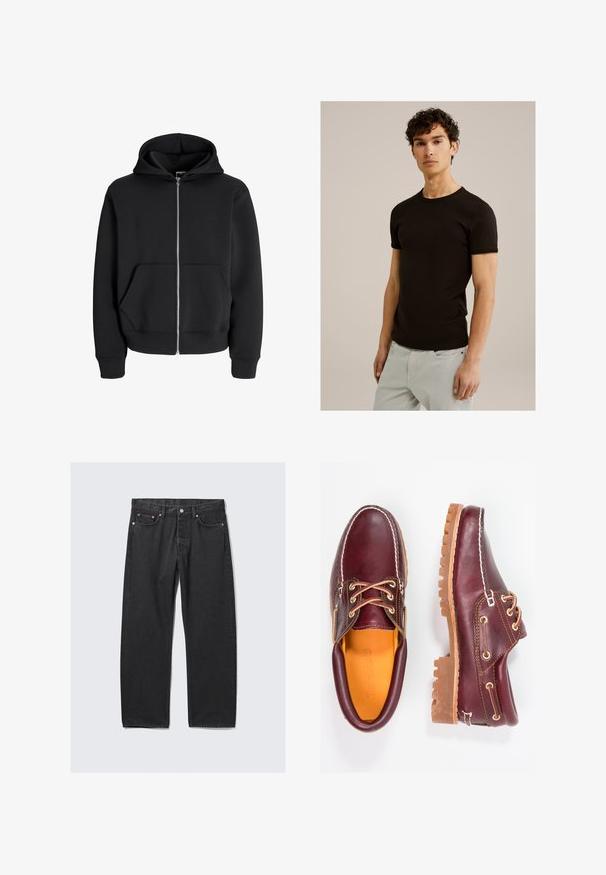 Sort zip-up hoodie lavet af en bomuldsblanding, med snoretræk i hætten, frontlommer og ribbede manchetter. Glat tekstur med sølvfarvet lynlås.; Sort kortærmet t-shirt med rund udskæring, lavet af et glat, strækbart stof. Pasformen er slim og designet til at sidde tæt til kroppen.; Sorte denim jeans med lige ben, fem-lomme design og metal hardware detaljer. Tekstileret stof med en klassisk finish.; Bordeaux lædersko med brune gummisåler, rund tå, hvid syning og gyldne snøringer. Indersiden har et gult for.