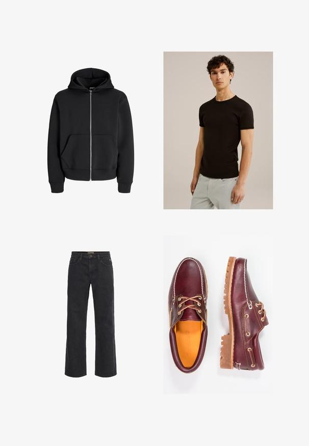 Juodas užtrauktuku užsegamas džemperis, pagamintas iš medvilnės ir poliesterio mišinio, su reguliuojamu kapišonu, priekinėmis kišenėmis ir elastingomis rankogaliais. Lygus paviršius su sidabriniu užtrauktuku.; Juoda trumpos rankovėmis marškinėliai su apvaliu iškirpimu, pagaminti iš lygaus, tamprios medžiagos. Siluetas siauras, sukurtas taip, kad priglustų prie kūno.; Juodi džinsiniai plataus kirpimo kelnės su mygtukų uždarymu, penkiomis kišenėmis ir šiek tiek nudėvėtu paviršiumi. Tiesus kirpimas nuo liemens iki apatinių kraštų.; Burgundi odiniai bateliai su rudais guminiais padais, apvaliu pirštu, balta siūle ir auksiniais inkarais. Interjere yra geltonas pamušalas.