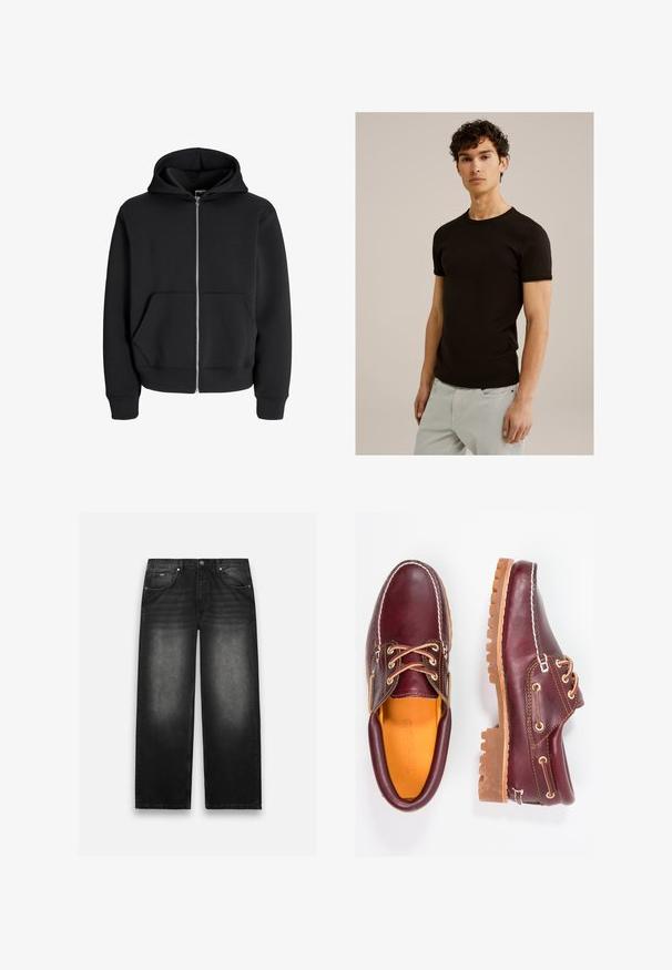 Zwarte rits-hoodie van een katoenmix, met een trekkoord capuchon, voorzakken en ribgebreide manchetten. Stevige textuur met een zilveren rits.; Zwarte korte mouwen t-shirt met een ronde halslijn, gemaakt van een gladde, rekbare stof. De pasvorm is slim, ontworpen om dicht tegen het lichaam aan te zitten.; Zwarte denim jeans met een wijde pijp. Beschikt over vijf zakken, lichte vervaging en stevige stiksels. Met knoop- en ritssluiting.; Bordeaux leren schoenen met bruine rubberen zolen, ronde neus, witte stiksels en gouden veterogen. Het interieur heeft een gele voering.