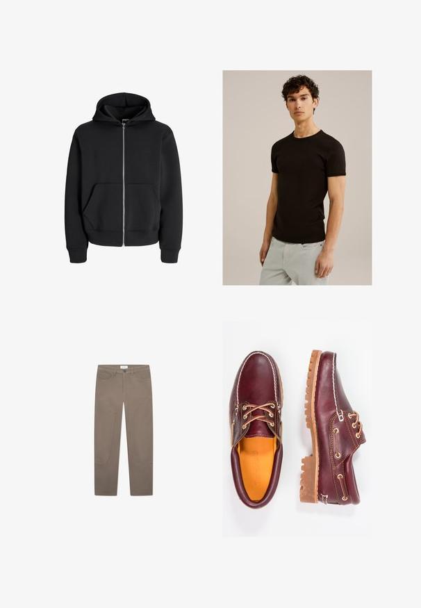 Musta vetoketjuhuppari, joka on valmistettu puuvillasekoitteesta. Siinä on nyörillä varustettu huppu, etutaskut ja ribbireunat. Sujuva pinta ja hopeanvärinen vetoketju.; Mustat lyhythihaiset t-paidat, joissa on pyöreä pääntie, on valmistettu sileästä ja joustavasta kankaasta. Istuvuus on slim, suunniteltu istumaan tiiviisti vartalon lähellä.; Ruske hlače ravnog kroja, s prednjim džepovima i naglašenim šavovima duž bočnih stranica za dodatne detalje i teksturu.; Burgundin nahkakengät ruskeilla kumipohjilla, pyöreällä kärjellä, valkoisella ompelulla ja kultaisilla nauha-aukkoilla. Sisäpuolella on keltainen vuori.