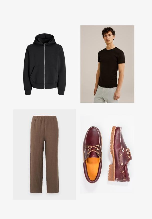 Haut à capuche zippé noir en mélange de coton, doté d'une capuche avec cordon de serrage, de poches avant et de poignets côtelés. Texture lisse avec zip argenté.; T-shirt noir à manches courtes avec un col rond, fabriqué dans un tissu lisse et extensible. La coupe est ajustée, conçue pour épouser le corps.; Pantalons en lin marron avec une coupe décontractée, dotés d'une taille élastique extensible et de jambes droites, texture lisse et détails minimaux.; Chaussures en cuir bourgogne avec semelles en caoutchouc marron, bout rond, couture blanche et œillets dorés. L'intérieur présente une doublure jaune.