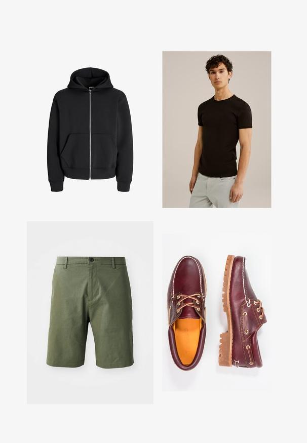 Felpa nera con zip in misto cotone, dotata di cappuccio con lacci, tasche frontali e polsini a coste. Texture liscia con zip argentata.; T-shirt nero a maniche corte con scollatura rotonda, realizzato in un tessuto morbido ed elastico. La vestibilità è slim, progettata per aderire al corpo.; Pantaloni corta verde oliva realizzati in tessuto leggero, con vita piatta, passanti per cintura e un singolo bottone di chiusura in vita.; Scarpe in pelle bordeaux con suole in gomma marrone, punta rotonda, cuciture bianche e occhielli dorati. L'interno presenta un rivestimento giallo.