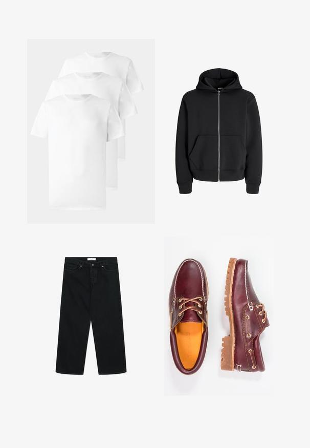 Čierna zipsová mikina vyrobená z bavlnenej zmesi, s kapucňou na šnúrku, prednými vreckami a rebrovanými manžetami. Hladká textúra so strieborným zipsom.; Tričko vyrobené z bavlny, biele, s okrúhlym výstrihom, krátkymi rukávmi a hladkou, jednofarebnou textúrou bez viditeľných vzorov alebo akcentov.; Čierne široké džínsy z denimovej tkaniny, s predným zapínaním na gombík, pútkami na opasok a vreckami. Hladká textúra, minimalistický design.; Bordové kožené topánky s hnedými gumovými podrážkami, okrúhlou špičkou, bielym prešívaním a zlatými kovaniami. Interiér má žlté podšívku.