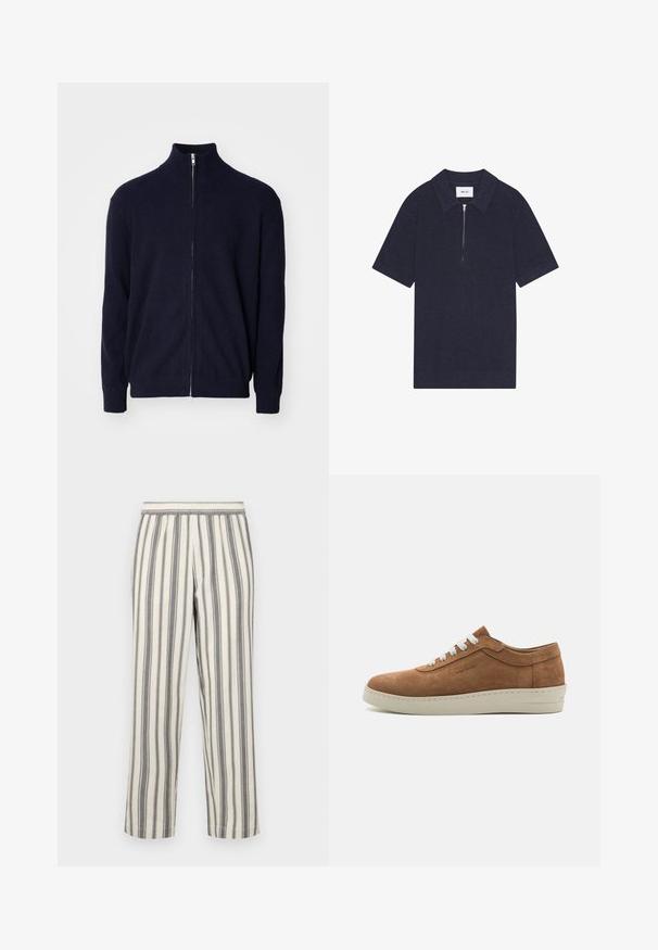 Granatowy sweter z zamkiem na suwak, z wysokim kołnierzem, teksturowanym, prążkowanym materiałem, długimi rękawami i metalowym zamkiem błyskawicznym.; Granatowa koszulka polo z krótkim rękawem, o ryflowanej teksturze, z płaskim kołnierzykiem i zamkiem błyskawicznym z przodu. Metka na szyi brzmi "NN. 07."; Spodnie w paski w jasnym odcieniu kremu z cienkimi szarymi pionowymi paskami. Posiadają elastyczny pas i prostą nogawkę.; Brązowe zamszowe trampki z białymi sznurówkami, okrągłym czubkiem i teksturowaną gumową podeszwą. Posiadają przeszyty akcent wzdłuż krawędzi podeszwy.