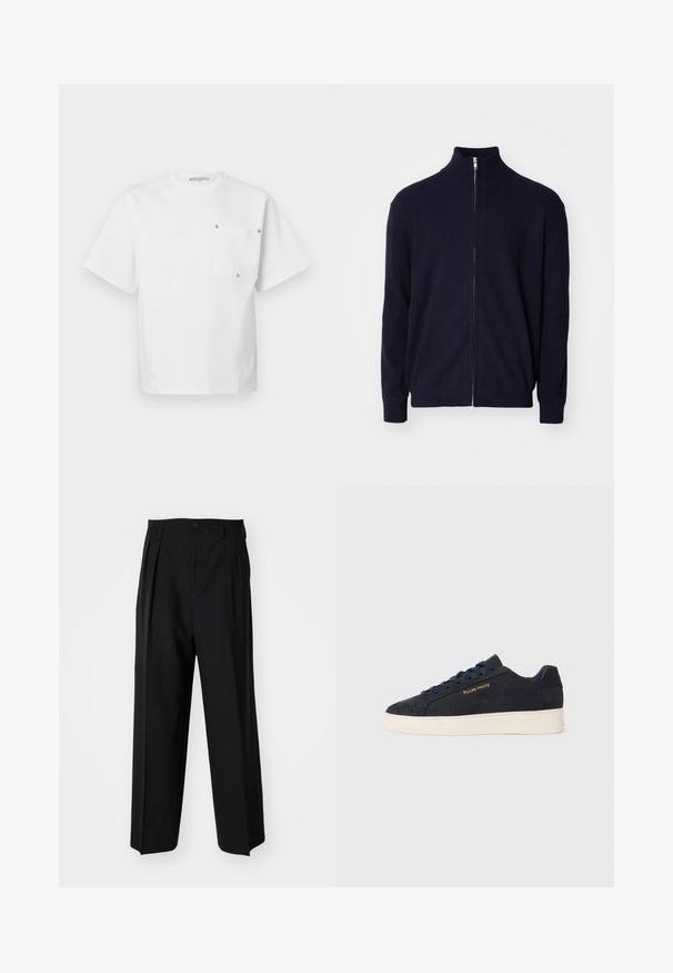 Marineblå glidelåsgenser med høy krage, teksturert ribbestrikket stoff, lange armer og metallglidelås.; Hvit kortermet T-skjorte med rund hals og lomme i firkantform på venstre bryst, festet med fire metallnagler.; Sorte plissert bukser med en rett, bred benform. Laget av glatt stoff, med knappelukking og beltehemper.; Marineblå ankelhøyde sneakers i semsket skinn med hvit såle, marineblå snøringer, og "Filling Pieces"-logo i gull på siden.