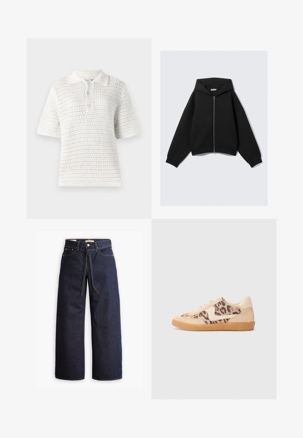 Fekete crop fazonú kapucnis pulóver, puha anyagból készült, teljes cipzárral, nagy elülső zsebekkel és lazán illeszkedő, húzózsinórral ellátott kapucnival.; Fehér, rövid ujjú póló ing, könnyű, kötött anyagból készült. Texturált mintával, gallérral és három gombos nyakkal rendelkezik.; Széles lábú, sötétkék farmernadrág magas derékkal, húzózsinórral, öt zsebbel és kontrasztos varrással.; Leopárdmintás sportcipő bézs velúr felsőrésszel, világosbarna gumitalppal és fehér kiegészítőkkel. Kerek orr, fűzős kialakítás, és textúrázott felület jellemzi.