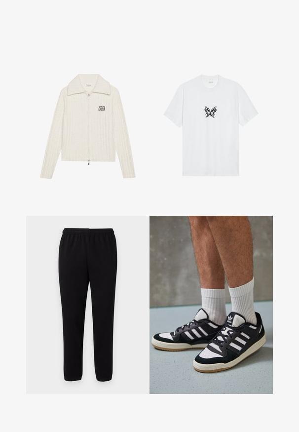 Weiße Reißverschlussjacke mit gerippter Textur, großem Kragen und schwarzen Patch-Details. Verfügt über einen zentralen Frontreißverschluss und lange Ärmel.; Weißes Baumwoll-T-Shirt mit kurzen Ärmeln und Rundhalsausschnitt. Merkmale ein zentrales, schwarzes Schmetterlingsmotiv mit Flammenmuster. Glatte Textur.; Schwarze lässige Sweatpants mit elastischem Bund und Bündchen an den Knöcheln, vor einem schlichten weißen Hintergrund dargestellt.; Schwarz-weiße Sneaker mit einem Obermaterial aus Wildleder und Leder, ausgestattet mit drei weißen Streifen, einer perforierten Zehenpartie und einer Sohle aus Gummi.