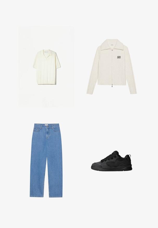 Bílá bundě na zip s ribovanou strukturou, velkým límcem a černými detaily. Obsahuje centrální přední zip a dlouhé rukávy.; Krátký rukáv pulovr v krémově bílé pletenině s vertikálními pruhy, uvolněným límcem a žebrovanými detaily na lemu pro texturu.; Svetle modré džíny s rovnýma nohavicema, designem se pěti kapsami, zapínáním na jeden knoflík a jemnými detaily šití na švech.; Černé tenisky s texturovaným svrškem, obsahující šněrování, síťované detaily pro prodyšnost, polstrovaný límec a pevnou podrážku.