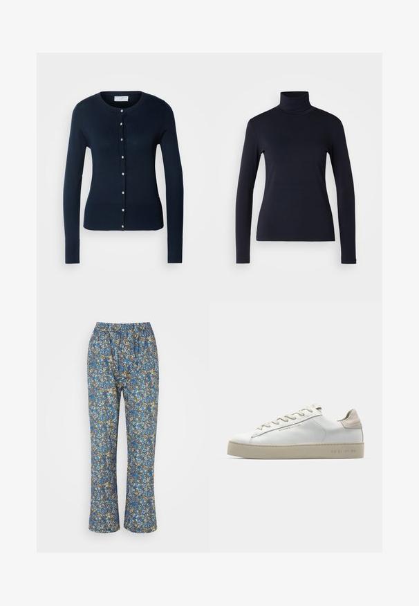 Tums zilas adītas džemperis ar garām piedurknēm, ribotām aprocēm un pogām priekšpusē, kas rotātas ar mazām zelta toņa pogām.; Jūras flotes turtlenecks ar gariem piedurknēm. Izgatavots no mīksta auduma ar gludu tekstūru. Iezīmēts ar pieguļošu dizainu un augstu apkakli bez redzamām šuvēm.; Zilu ziedu raksta bikses, kas izgatavotas no viegla materiāla ar elastīgu jostasvietu, taisna kāju dizainu un izsmalcinātu detaļu apdari zilos, brūnos un baltos toņos.; Baltas ādas sporta apavi ar gludu virsmu, bēšas zamša akcenti, apaļa pirksta forma, plakans šņorēšanas dizains un tekstūrota gumijas zole.