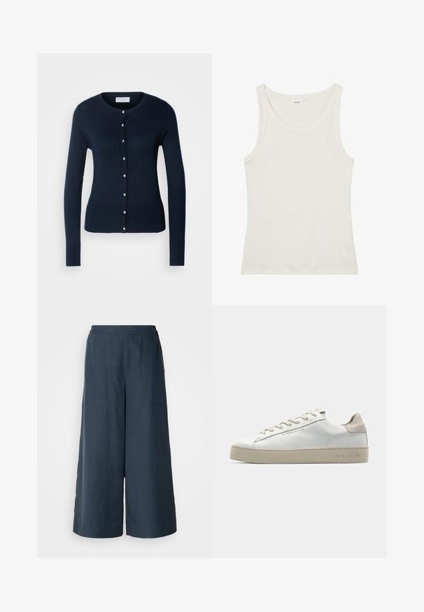 Mornarsko plavi pleteni kardigan s dugim rukavima, rebrastim manžetama i prednjim kopčanjem na dugmad s malim zlatnim dugmadi.; Bijela pamučna majica bez rukava s širokim izrezom i tankim naramenicama. Glatka tekstura bez vidljivih uzoraka ili ukrasa.; Hlače širokih nogavica u mornarsko plavoj boji, izrađene od lagane tkanine. Imaju blago teksturiranu površinu, elastičnu traku u struku i prednje šavove.; Bijele kožne tenisice s glatkom površinom, bež nubuk detalji, okrugli vrh, ravni dizajn s vezicama i strukturirana gumena potplat.