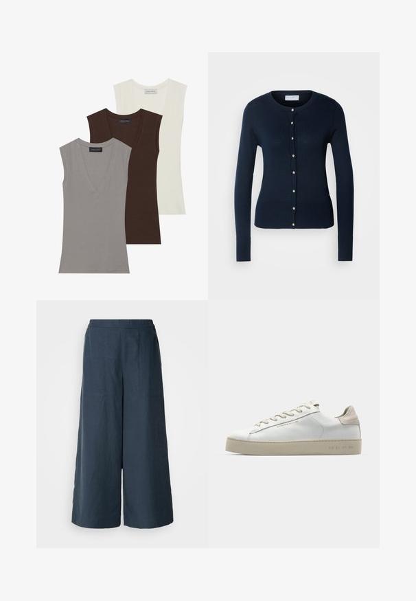Navy blue knitted cardigan with long sleeves, ribbed cuffs, and a button-up front featuring small gold-tone buttons.; Anna Field 3 PACK - Top - gray/coconut milk/coffee bean; Wide-leg trousers in navy blue, made from lightweight fabric. Features a slightly textured surface, elastic waistband, and front seams.; White leather sneaker with a smooth finish, beige suede accents, round toe, flat lace-up design, and a textured rubber sole.