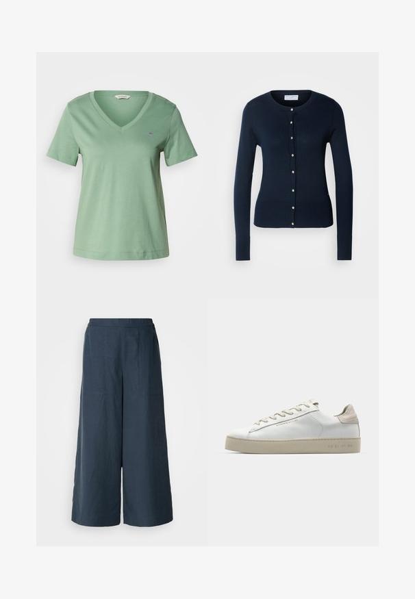 Marinblå stickad cardigan med långa ärmar, ribbade muddarna och en knappstängning framtill med små knappar i guldton.; Grön bomullströja med V-hals och korta ärmar. Har en liten broderad logotyp på bröstet och en avslappnad passform.; Breda byxor i marinblått, tillverkade av lättviktig tyg. Har en något texturerad yta, elastisk midja och framseams.; Vit lädersneaker med en slät yta, beige mockadetaljer, rund tå, platt snörningsdesign och en texturerad gummisula.