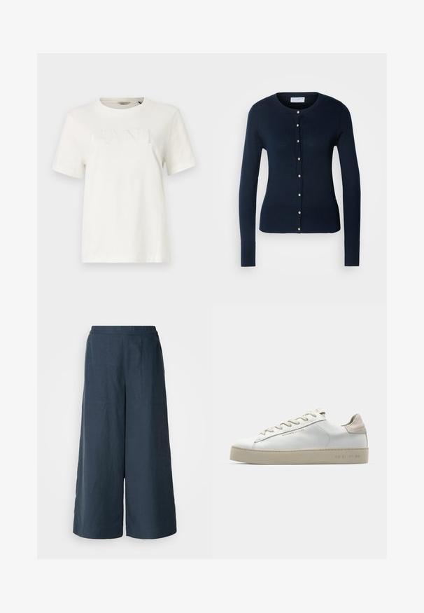 Marineblauer gestrickter Cardigan mit langen Ärmeln, gerippten Bündchen und einer Knopfleiste mit kleinen Goldknöpfen.; Weißes Kurzarm-T-Shirt aus Baumwolle mit einem strukturierten "GANT"-Logo in einem etwas dunkleren Weiß und einem Rundhalsausschnitt.; Weite Beinhosen in Marineblau, aus leichtem Stoff. Mit einer leicht strukturierten Oberfläche, elastischem Bund und Vordernähten.; Weiße Leder-Sneaker mit glatter Oberfläche, beigen Wildleder-Akzenten, runder Zehenpartie, flachem Schnürdesign und einer strukturierten Gummisohle.