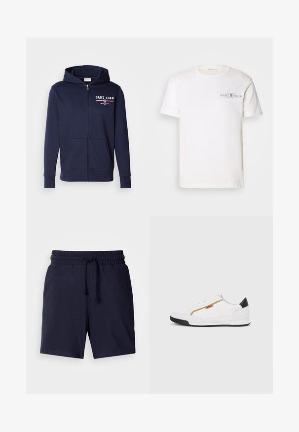 Sötétkék zipzáros kapucnis pulóver, puha flekkerből készült, fehér és piros "GANT 1949" logóval. Elöl zsebekkel és húzózsinóros kapucnival rendelkezik.; Fehér pamut póló kerek nyakkal, rövid ujjakkal és nyomtatott logóval. Minimalista dizájnnal és laza szabással rendelkezik.; Sötétkék, laza szabású rövidnadrág, elasztikus derékpánttal és állítható zsinórral. Könnyű anyag, sima textúrával.; Fehér sportcipők, hálós és bőr díszítésekkel. Kiemelkedő arany "BOSS" logó, textúrázott oldalpanelekkel és fekete sarokkal. Gumi talp.