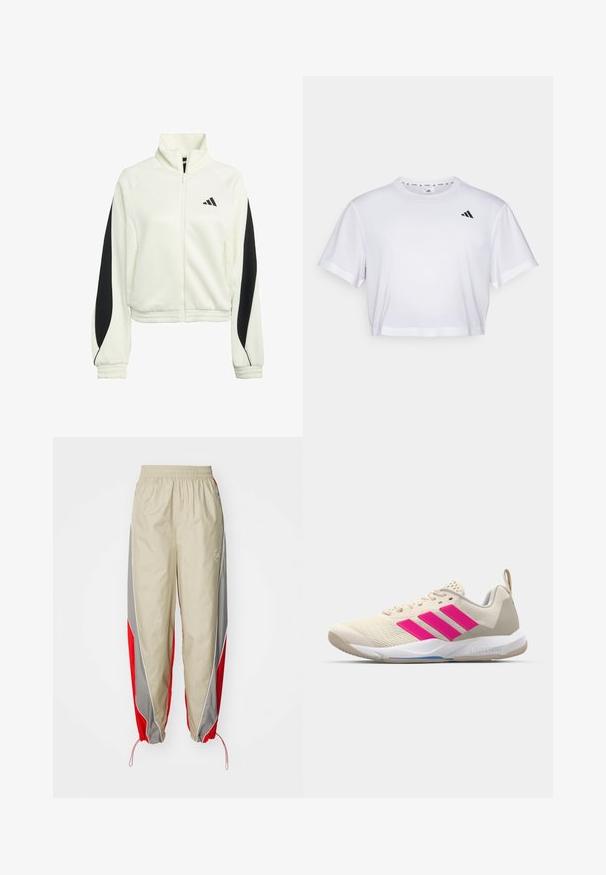 Valkoinen vetskarihousu takki mustilla korostepaneeleilla, ribattuilla hihansuilla ja korkealla kauluksella. Vasemmassa rinnassa Adidas-logo.; Valkoinen lyhythihainen t-paita, joka on valmistettu pehmeästä kankaasta. Pyöreä pääntie. Musta logo vasemmassa rinnassa.; adidas by Stella McCartney PANT - Verryttelyhousut - desert sand/active red; Beige urheilujalkine, jossa on vaaleanpunainen kolmonen-striippi-logo, teksturoitu verkko-yläosa, pehmustettu kaulus ja valkoinen kumipohja, jossa on "LIGHTSTRIKE" -brändäys.