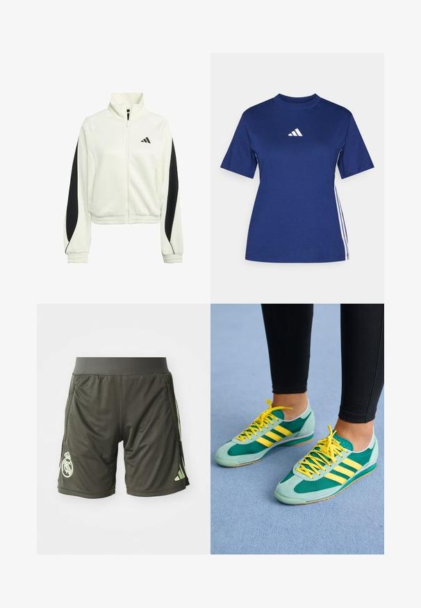 Weißer Zip-Up-Jacke mit schwarzen Akzentpaneelen, gerippten Bündchen und hohem Kragen. Enthält das Adidas-Logo auf der linken Brustseite.; Navyblaue kurzärmelige T-Shirt aus Baumwolle mit hohem Kragen, ausgestattet mit einem weißen Logo und kontrastierenden weißen Seitenstreifen.; Dunkelgrüne Sportshorts mit einem elastischen Bund, seitlichen Taschen und einem hellgrünen Logo am linken Unterschenkel.; Grüne und türkisfarbene Sportschuhe mit gelben Schnürsenkeln und drei gelben Streifen. Materialien aus Wildleder und Mesh, Gummisohlen und ein niedriges Profil.