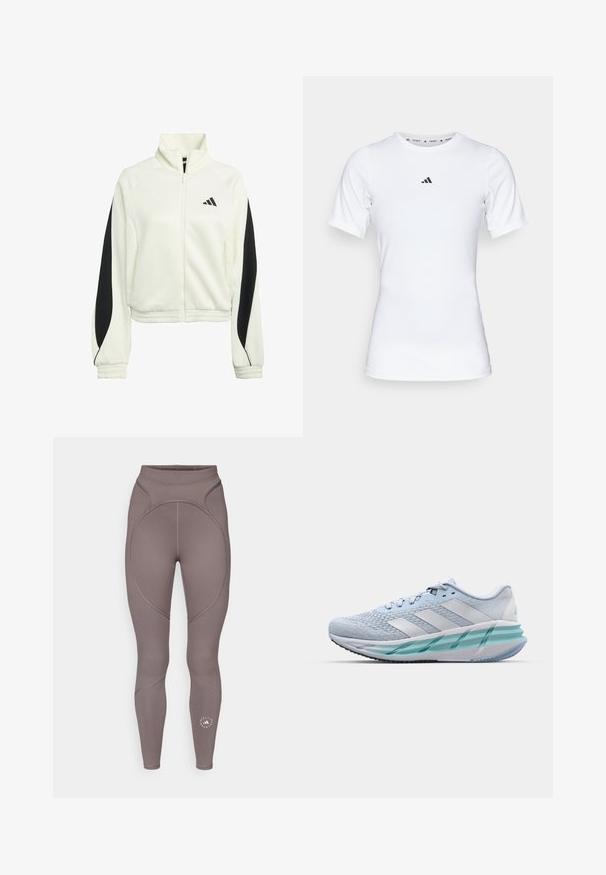 White zip-up jacket with black accent panels, ribbed cuffs, and a high neckline. Features the Adidas logo on the left chest area.; White athletic shirt with short sleeves, made of smooth, stretch fabric. Features a small black Adidas logo on the chest.; adidas by Stella McCartney Leggings - charcoal; Light blue athletic shoes with a textured knit upper, white accents, and a transparent green midsole. Rounded toe and padded collar.