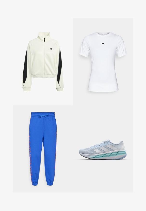 White zip-up jacket with black accent panels, ribbed cuffs, and a high neckline. Features the Adidas logo on the left chest area.; White athletic shirt with short sleeves, made of smooth, stretch fabric. Features a small black Adidas logo on the chest.; adidas Sportswear ESSENTIALS 3 STRIPES ANIMAL PRINT 7/8 PANT - Tracksuit bottoms - semi lucid blue/multicolor; Light blue athletic shoes with a textured knit upper, white accents, and a transparent green midsole. Rounded toe and padded collar.