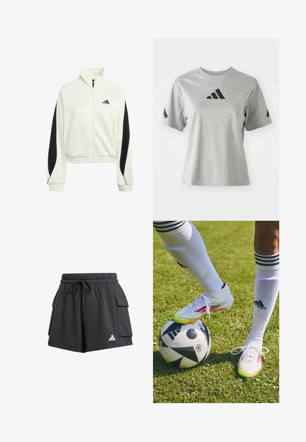 Bílá zipová bunda s černými akcentními panely, žebrovanými manžetami a vysokým límcem. Na levé části hrudi se nachází logo Adidas.; Šedé tričko s kulatým výstřihem vyrobené z měkké látky, s černým logem Adidas na hrudi a černými akcenty na rukávech.; Černé sportovní šortky vyrobené z měkké tkaniny. Mají stahovací pas, boční kapsy a bílé logo na dolní levé straně.; Bílé fotbalové kopačky s červenými akcenty, odpočívající na černo-bílém fotbalovém míči, na travnatém hřišti, s viditelnými bílými ponožkami a pruhy.