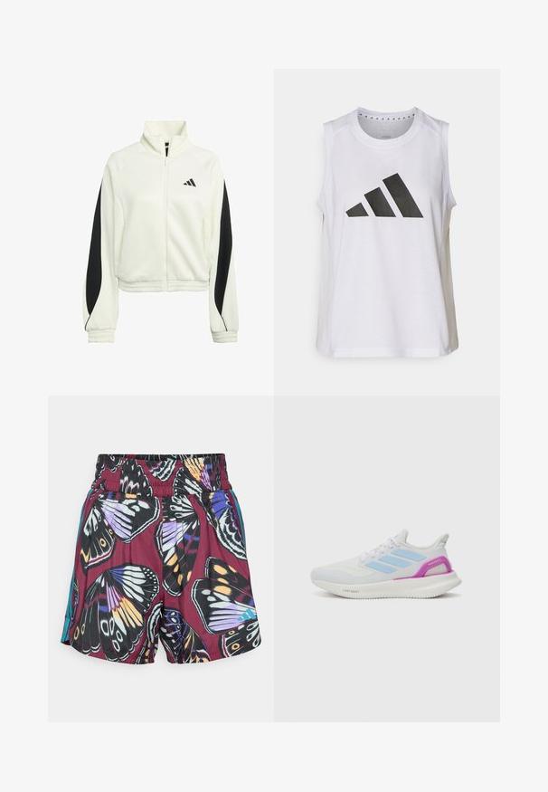 Bílá zipová bunda s černými akcentními panely, žebrovanými manžetami a vysokým límcem. Na levé části hrudi se nachází logo Adidas.; Bílý sportovní top bez rukávů s kulatým výstřihem, na přední straně s velkým černým logem Adidas složeným ze tří pruhů.; Šortky s živým potiskem motýlů v odstínech fialové, černé a oranžové. Elastický pas s jemnými bočními akcenty v tyrkysové barvě.; adidas Performance PUREBOOST 5 - Silniční běžecké boty - white/glow blue/purple burst