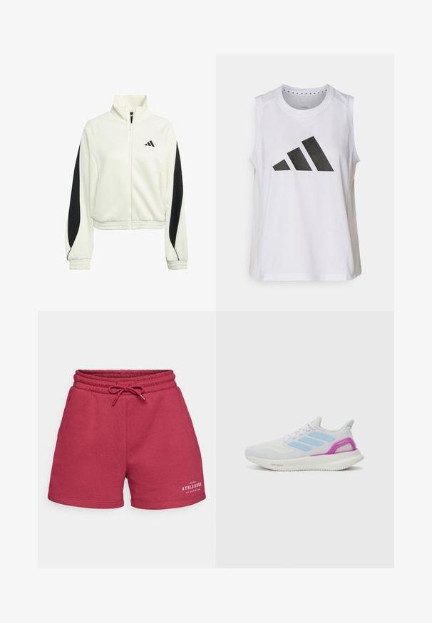 Valkoinen vetskarihousu takki mustilla korostepaneeleilla, ribattuilla hihansuilla ja korkealla kauluksella. Vasemmassa rinnassa Adidas-logo.; Valkoinen hihaton urheilupaita, jossa on pyöreä kaula-aukko. Edessä on suuri musta Adidas-logo, joka koostuu kolmesta raidasta.; Bordeaux puuvillasekoite lühikesed püksid, millel on elastne vöökoht ja nöör. Omab küljetaskuid ja valget trükitud logo detaili esiosas.; adidas Performance PUREBOOST 5 - Katujuoksukengät - white/glow blue/purple burst