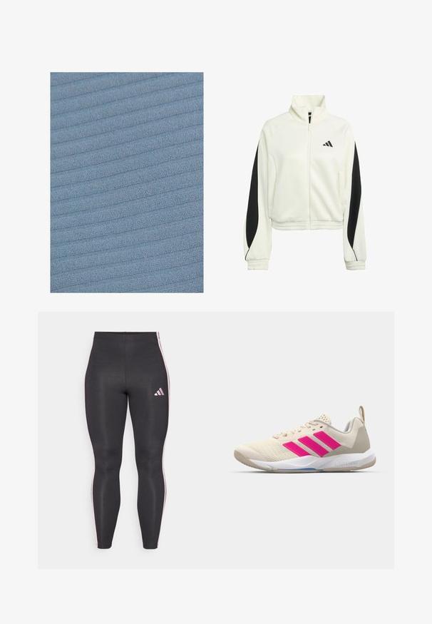 Witte zip-up jas met zwarte accentpanelen, geribde manchetten en een hoge kraag. Kenmerkt zich door het Adidas-logo op de linkerborst.; Lichtblauwe stof met een gestructureerd, ribbelpatroon. Het oppervlak toont zachte, verhoogde lijnen die horizontaal over het materiaal lopen.; Zwarte legging gemaakt van soepele, rekbare stof met roze zijstrepen en een klein roze logo op de linker bovenbeen. Aansluitend ontwerp.; Beige sportshoe met een roze drie-strepen logo, een textuur-mesh bovenkant, een gevoerde kraag en een witte rubberen zool, met "LIGHTSTRIKE" branding.