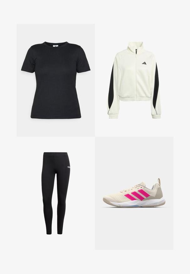 Bijela jakna na zip s crnim akcentnim panelima, rebrastim rukavima i visokim ovratnikom. Sadrži Adidas logo na lijevoj strani prsnog područja.; Crna pamučna majica kratkih rukava, okruglog izreza, s logotipom na rukavu. Glatka tekstura i jednostavan, klasičan dizajn.; Crne tajice izrađene od rastezljivog materijala, s jednostavnim dizajnom i malim bijelim Adidas logotipom na lijevom dijelu bokova.; Bež sportska cipela s ružičastim logotipom u obliku tri pruge, gornjište od teksturirane mrežice, podstavljeni ovratnik i bijela gumena đon, s "LIGHTSTRIKE" brendom.