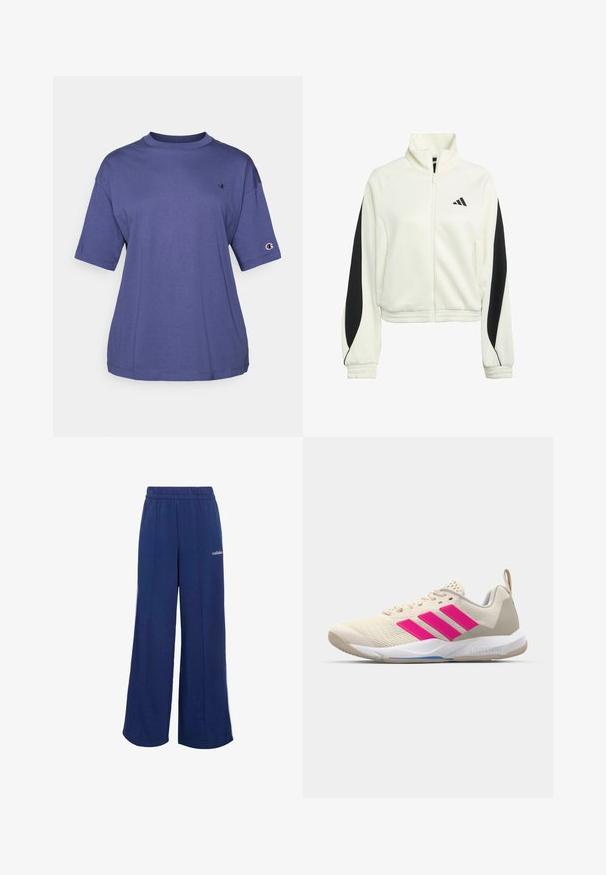White zip-up jacket with black accent panels, ribbed cuffs, and a high neckline. Features the Adidas logo on the left chest area.; Purple cotton crew-neck t-shirt with short sleeves, featuring a small logo on the chest and a logo patch on the sleeve.; Navy blue wide-leg sweatpants made of soft fabric, featuring an elastic waistband and white “adidas” logo on the side.; Beige athletic shoe with pink three-stripe logo, textured mesh upper, padded collar, and white rubber sole, featuring "LIGHTSTRIKE" branding.