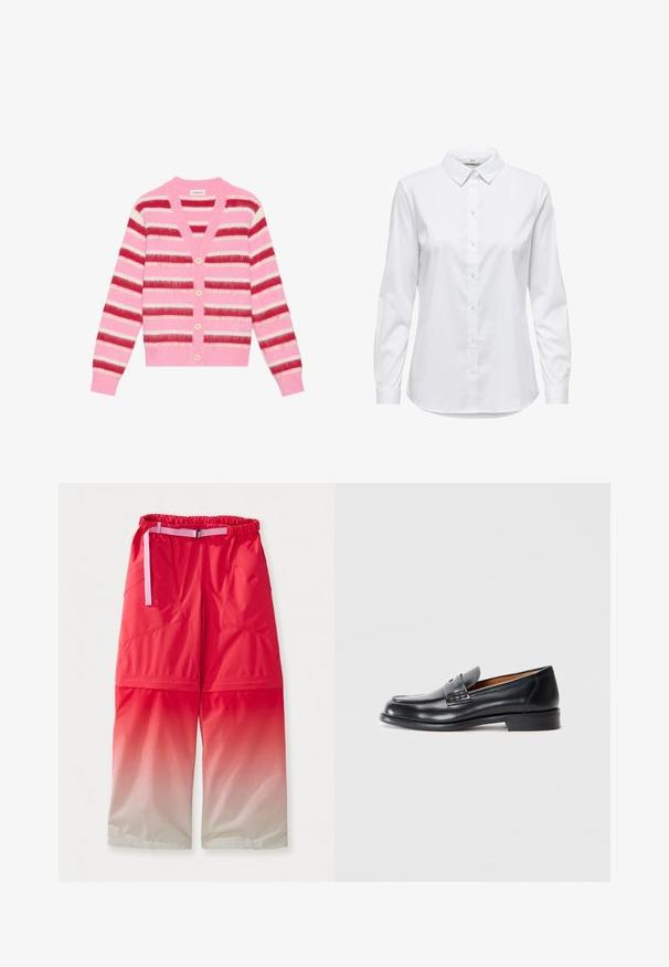 Rožinės juostelės kardiganas su plačiomis horizontalinėmis juostomis raudonos, baltos ir rožinės spalvų. Ypatybės: V formos iškirptė, penki šviesios spalvos mygtukai ir raukšlių rankogaliai.; Balta marškinėliai su ilgomis rankovėmis, struktūruota apykakle ir suapvalintu kraštu. Pagaminti iš lygios, vienspalvės medžiagos be matomų raštų ar akcentų.; Raudoni gradientiniai kelnių su elastinga juosta ir reguliuojamu rožiniu diržu. Turima dvi šoninės kišenės ir lygus, vandeniui atsparus paviršius.; Juodos odinės loaferiai su apvaliu pirštu, siuvinėjimo detalėmis ir lygia tekstūra. Turi žemą kulną ir lengvai užmaunamą dizainą.
