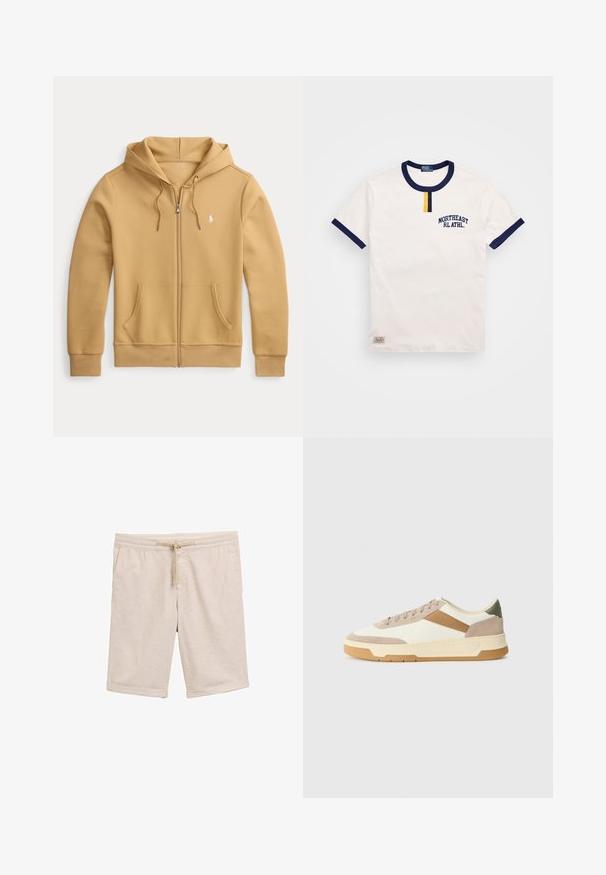 Hoodie zippé beige clair avec poches avant, cordons de serrage et petit logo blanc Polo Ralph Lauren sur la poitrine gauche.; T-shirt en coton blanc avec un col rond bleu marine et des accents sur les manches. Il présente un petit détail en forme de bouton jaune et un brodé "NORTHEAST RL ATHL."; Shorts en mélange de coton beige avec une taille élastique, un détail de cordon de serrage et des ourlets roulés. Texture lisse, sans motifs ni accessoires.; Baskets en beige, crème et vert olive, dotées de matériaux en daim et cuir, d'un bout rond, d'un design minimaliste et d'une semelle en caoutchouc.