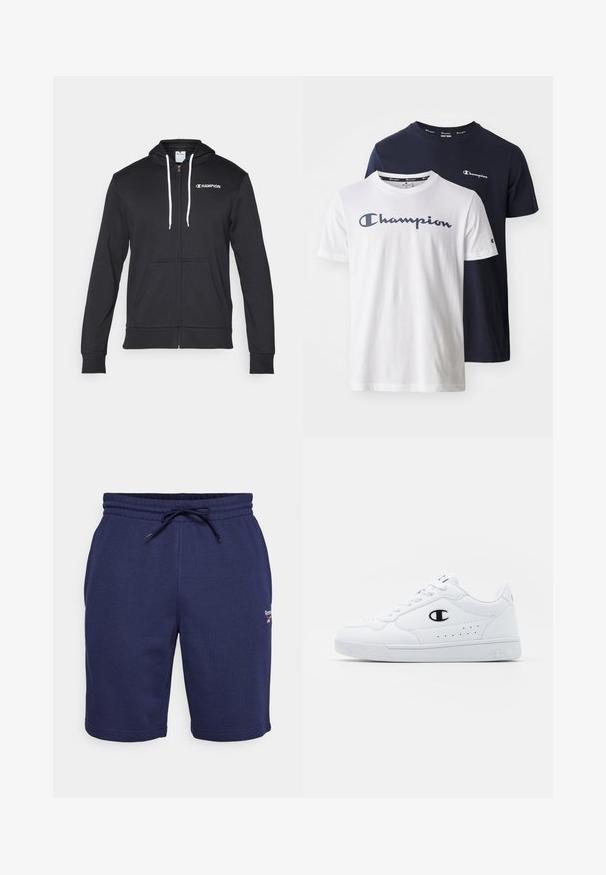Champion GRAPHIC FULL ZIP HOODIE - Sudadera con cremallera - black; Dos camisetas de manga corta, una blanca con logo azul marino y una azul marino con logo blanco, hechas de algodón, con cuello redondo y corte regular.; Pantalones cortos en azul marino, mezcla de algodón, con cintura elástica y cordón ajustable. Cuenta con bolsillos laterales y un pequeño logo en el muslo izquierdo.; Zapatillas deportivas blancas con un upper sintético suave, acento del logo en negro y detalles perforados en los laterales. Suela de goma.